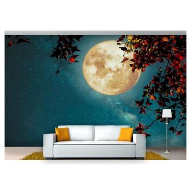 Imagem de Papel De Parede Lua Cheia Noite Céu Folhas 3D Nsk84 - Você Decora