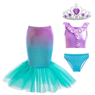 Imagem de Conjunto de biquíni de princesa para meninas, 3 peças, sereia, com saia, para crianças pequenas, roupa de banho de praia de 2 a 10 anos, Verde, roxo, 3-4 Anos