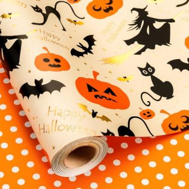 Imagem de Burymento Papel de embrulho reversível de Halloween, abóbora, chapéu de bruxa e design de bolinhas, adequado para Halloween, feriados de pesadelo de Natal, festas, mini rolos (43 cm x 32,8 pés)