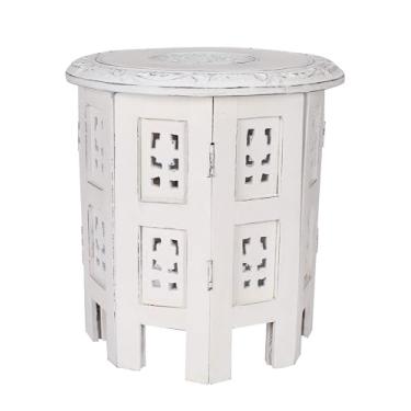 Imagem de Mesa de madeira esculpida à mão, 30,5 cm redonda x 30,5 cm de altura, acabamento antigo branco, mesa de canto redonda pequena para sala de estar, quarto, entrada, mesa de altar, decoração de casa
