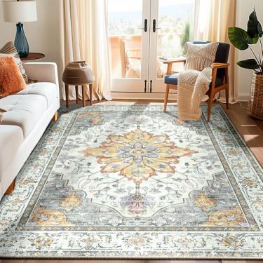 Imagem de RELEANY Tapetes de área, 1,8 m x 2,5 m, lavável, antiderrapante, estampa floral, vintage, tapete medalhão para sala de estar, quarto, sala de jantar, amarelo claro cinza carbono laranja