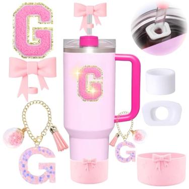 Imagem de 6 peças de acessórios rosa para copo Stanley, decorações para copo de 30/1,134 g com alça, inclui tampa e bota de cobertura de palha de laço, pingente de iniciais, adesivo de letra, tampa à prova de