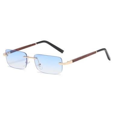 Imagem de Moda Pequeno Retângulo Sem Aro Gradiente Óculos De Sol Feminino Vintage Grão De Madeira Óculos De Sol Masculino Óculos De Sol Tons UV400, Gradiente Azul, Tamanho Único