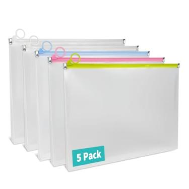 Imagem de Binditek Pacote com 5 envelopes com zíper de plástico transparente, resistente, bolsas expansíveis de 23 x 30 cm, suportes de documentos multicoloridos para uso no escritório e na escola