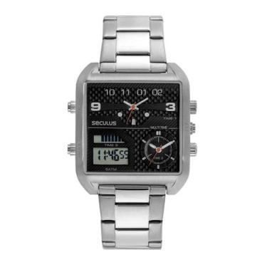 Imagem de Relogio Seculus masculino quadrado prata preto digital e analogico ana