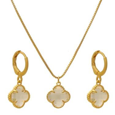 Imagem de Conjunto Feminino de Colar e Brincos De Trevo Cristal Virginia e Argolinha de Pressão Folheado em Ouro 18K Softjoias