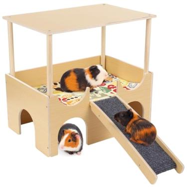 Imagem de Esconderijo grande de porquinho-da-índia de madeira, casa de porquinho-da-índia com escadas antiderrapantes, gaiola de animais pequenos, almofadas acolchoadas incluídas, habitat para animais de