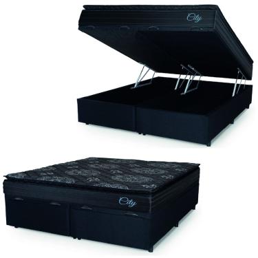 Imagem de Cama Box Baú Casal King Colchão Com Molas Ensacadas City Pillow Top 193x203x64cm Preto Hellen