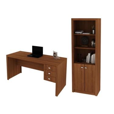 Imagem de Escritório com Mesa para Computador e Armário c/ Prateleiras 2 portas Amendoa - FdECOR