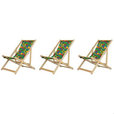Imagem de Kit 3 Espreguiçadeiras Preguiçosa Dobrável sem Braço Natural em Madeira Maciça Tecido