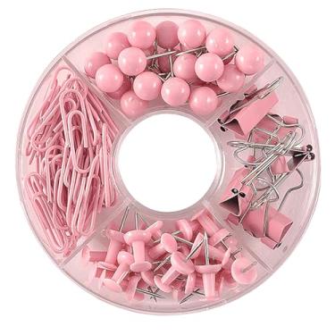 Imagem de Conjunto de material de escritório OKJHFD, 105 peças de alfinetes de pressão, clipes de papel, conjuntos de tachas de mapa, durabilidade multifuncional, conjunto de clipes de (Rosa)