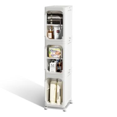 Imagem de JOYZAN Armário de armazenamento estreito para banheiro com rodas móveis, armário de armazenamento fino com 3 portas e painel removível, organizadores de banheiro skinny e armazenamento para espaços