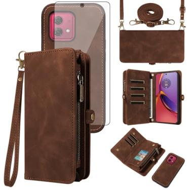 Imagem de Asuwish Capa de celular para Motorola Moto G84 5G carteira com zíper destacável com protetor de tela de vidro temperado alça transversal alça flip porta-cartões slot G 84 2023 mulheres homens meninas