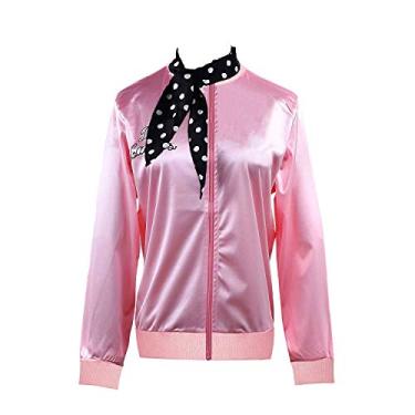Imagem de Knemksplanet Jaqueta feminina de cetim rosa anos 1950 Grease T-Bird Danny cosplay fantasia com cachecol