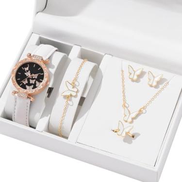 Imagem de KANGQL Relógio feminino, 6 pçs/conjunto de relógio de luxo feminino anéis colar brincos conjunto pulseira de couro borboleta relógios senhora relógio de pulso