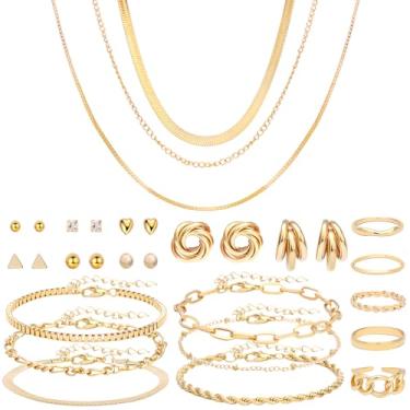 Imagem de NEWITIN Conjunto de 28 peças de joias de ouro para mulheres moda bijuteria banhado a ouro colar pulseira anel conjunto de brincos para mulheres