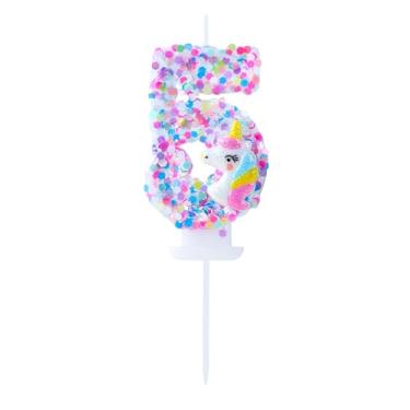 Imagem de EAKE Vela de aniversário de unicórnio número 5 com glitter roxo brilhante com pingente de unicórnio 3D, topo de bolo mágico 5 para bolos de 5º aniversário e tema de fantasia