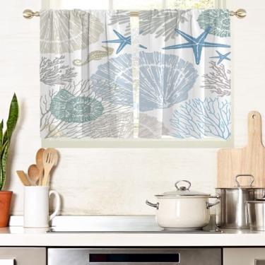 Imagem de AAtter Cortina de janela de praia para cozinha, oceano costeiro, náutico, concha, estrela-do-mar, coral, pequena, curta, casa, quarto, sala de estar, banheiro, cortinas de tratamento, camadas, tecido