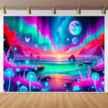 Imagem de BlissYard Tapeçaria Aurora Paisagem Luz Negra Brilha no Escuro UV Reativo para Parede com Cogumelos Neon, Galáxia, Planetas, Pôster Psicodélico, Tapeçarias de Luz Preta para Decoração de Festa de