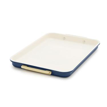 Imagem de GreenPan Assadeira de 33 cm x 23 cm, assadeira antiaderente de cerâmica, sem PFAS e BPA, cabos dourados, aço durável, utensílios de forno versátil e econômico de espaço, congelador para forno, azul