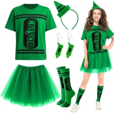 Imagem de Newcotte Conjunto de 7 peças de fantasia de giz de cera de Halloween com camiseta de giz de cera, saia tutu, meias até a coxa, brinco de madeira, Verde, Tamanho Único
