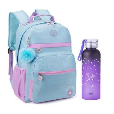 Imagem de Kit Mochila Escolar Infantil Kk24m14acr E Garrafa De água Degradê Estrela 500ml Roxo - Kika