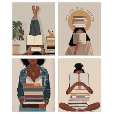 Imagem de AEHIE Boho Black Women Reading Wall Art Poster Prints for Library Reading Room Decor, Just One More Chapter Book Club Decorações Impressões Arte de Parede Sem Moldura 4 peças 20 x 25 cm, Presentes