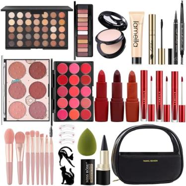 Imagem de Kit completo de maquiagem para mulheres, conjunto de presente de maquiagem multifuncional, inclui conjunto de pincéis de maquiagem, paleta de sombra, conjunto de brilho labial, batom, blush, base, corretivo, rímel, lápis de sobrancelha