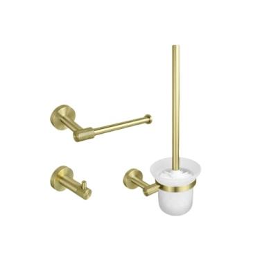 Imagem de Suporte para toalhas de parede em aço inoxidável dourado escovado, suporte para papel higiênico, gancho para roupão, porta-copos, escova de vaso sanitário, acessórios para banheiro, conjunto com 3 pe