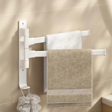 Imagem de Suporte de toalha giratório 180° para banheiro, cabide de toalhas de alumínio, organizador de armazenamento multifuncional para acessórios de banheiro, branco, duas barras