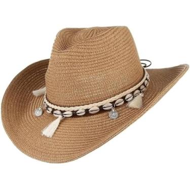 Imagem de Shell Tassels Cowgirl Verão Chapéu Chapéu De Palha Para Mulheres Homens Ocidental Cowboy Chapéu Senhora Na Moda Tecido Sol Chapéu Praia Cap, khaki, One Size