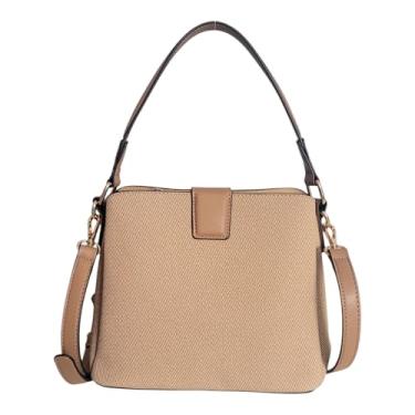 Imagem de Bolsa Feminina Pequena 3 Divisórias Espaçosa Couro PU Leve Alça de Mão Tiracolo Versátil Trabalho Passeio (Caqui)