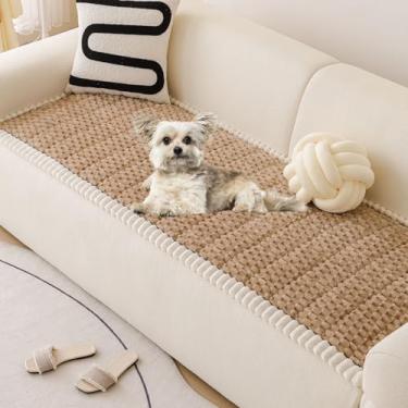 Imagem de vctops Capa de sofá de pele sintética marrom para cães, lavável, felpuda, para sofá de 3 almofadas, aceita animais de estimação, capa de sofá antiderrapante (café, 71 x 150 cm)