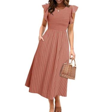 Imagem de Vestido Simplee feminino listrado, com babados, mangas curtas, vermelh