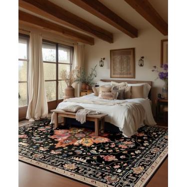 Imagem de RELEANY Tapete quadrado quadrado de 2,4 m, lavável, antiderrapante, floral, vintage, estampado, medalhão, para sala de estar, quarto, sala de jantar, preto, colorido, floral, castanho-escuro