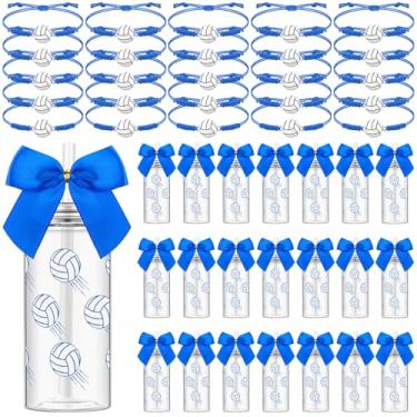 Imagem de Skylety Conjunto de 20 lembrancinhas de festa de vôlei, 20 peças de copos de plástico reutilizáveis de 382 g com tampa e palha, 20 peças de pulseiras para presentes de equipe de vôlei, aniversário