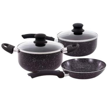 Imagem de Jogo de Panelas Antiaderente 3 Peças - Panela, Caçarola e Frigideira Preto - Durável e Compatível com Fogão a Gás, Elétrico e Vitrocerâmico