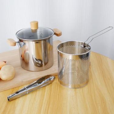 Imagem de KTZCTPCA Frigideira profunda, frigideira tempura com tampa, recipiente de óleo de fritura profunda com controle de temperatura e escorredor de gotejamento de óleo, panela de cozinha de alimentos com