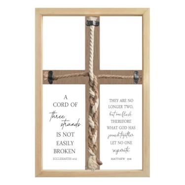 Imagem de ZZJJHYWGQ Um cordão de três fios cerimônia de casamento unidade decoração de parede arte 38 x 25 cm cruz trança eclesiastes 4:12 sinal para aniversário de casal, casamento cristão (madeira)