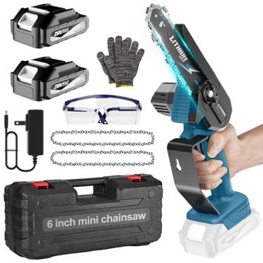 Imagem de Fostex Mini motosserra de 15 cm sem fio com baterias de 2 × 20 V, potência de 600 W, 5 m/s, velocidade da corrente, leve, 750 g para jardinagem, acampamento, corte de galhos de árvore (azul)