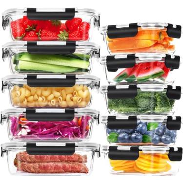 Imagem de Kit 10x, Recipientes de Vidro Hermético Preparo de Refeições, Recipientes de Armazenamento Alimentos Tampas Herméticas, Recipientes de Vidro para Marmitas, Compatíveis com Micro-ondas, Forno