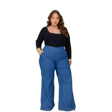 Imagem de Calça jeans Feminina Wide Leg Plus Size com lycra Cintura Alta - Q'chi