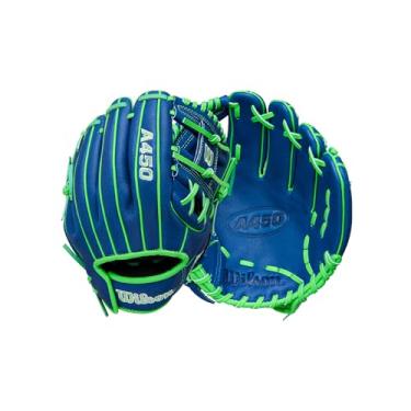 Imagem de Wilson Luva de beisebol 2026 A450 de 27,3 cm - arremesso para a direita, azul-royal/verde neon/branco