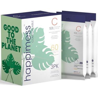 Imagem de happimess HPM3000C-GREEN Forro de lata de lixo compostável com cordão de 50 litros para negócios, casa, cozinha, comercial e industrial, verde (60 unidades, 3 pacotes de 20 forros)