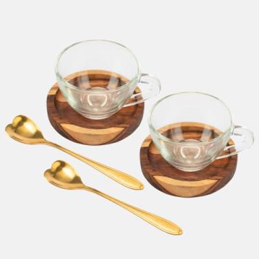Imagem de Jogo Xícaras Chá + Pires Redondo Madeira + Colher Sobremesa