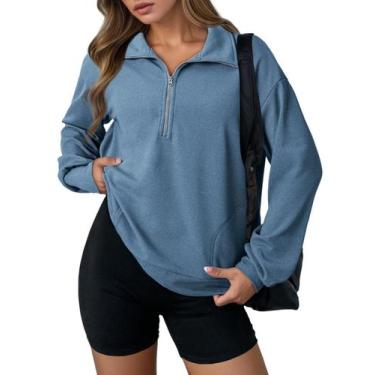 Imagem de Moletom feminino Dokotoo Waffle Knit com meio zíper azul escuro