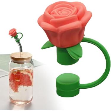 Imagem de Capas de palha de flor rosa de 10 mm para copo Stanley, capa de silicone à prova de poeira, pontas de canudo de flor, tampa de poeira para acessórios de 30 e 1,134 g (laranja)