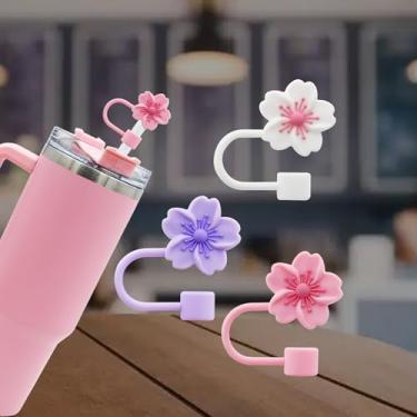 Imagem de 3 peças de cobertura de palha de flores de cerejeira para copo Stanley, bonito topo de palha 10 mm 1 cm tampas de palha reutilizáveis