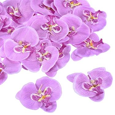 Imagem de 9 cm/3,5" cabeças de orquídeas artificiais, pacote com 20 cabeças de orquídea borboleta falsas de seda Phalaenopsis para decoração de buquê floral de casamento, faça-você-mesmo, roxo claro