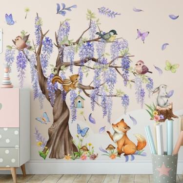 Imagem de Adesivos de parede de árvore de animais da selva raposa borboleta safári adesivos de parede para quarto de bebê infantil sala de estar decoração de parede